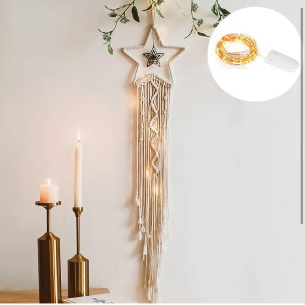 Boho Macrame Star Wall Hanging with Lights – Woven Wall Art Decor